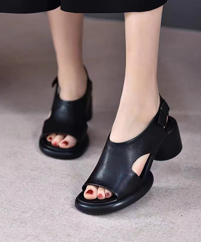 Casual Black Cowhide Leather Buckle Sandals - SL1027