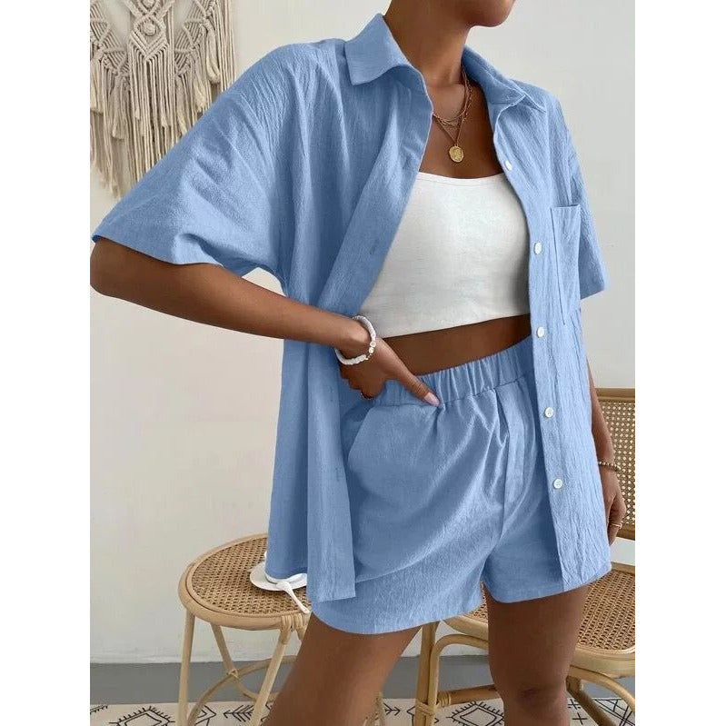 Casual Solid Color Long Sleeve Shirt and Short Outfit Set