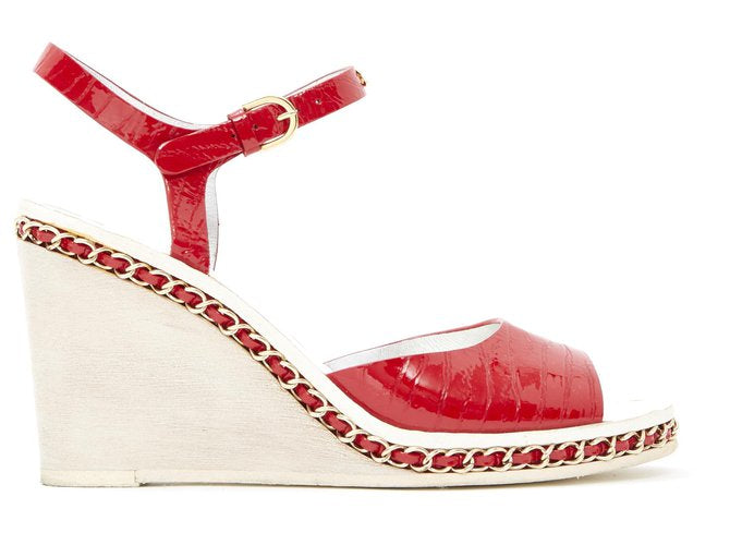 Chanel 14P 2014 Spring Patent Leather Red Chain Wedge Heel Sandals EU 38.5 US 7.5 for sale