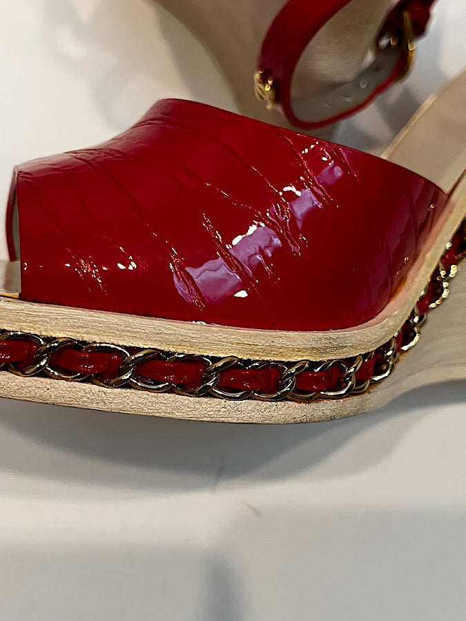 Chanel 14P 2014 Spring Patent Leather Red Chain Wedge Heel Sandals EU 38.5 US 7.5 for sale