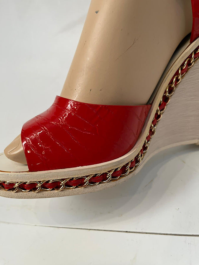 Chanel 14P 2014 Spring Patent Leather Red Chain Wedge Heel Sandals EU 38.5 US 7.5 for sale