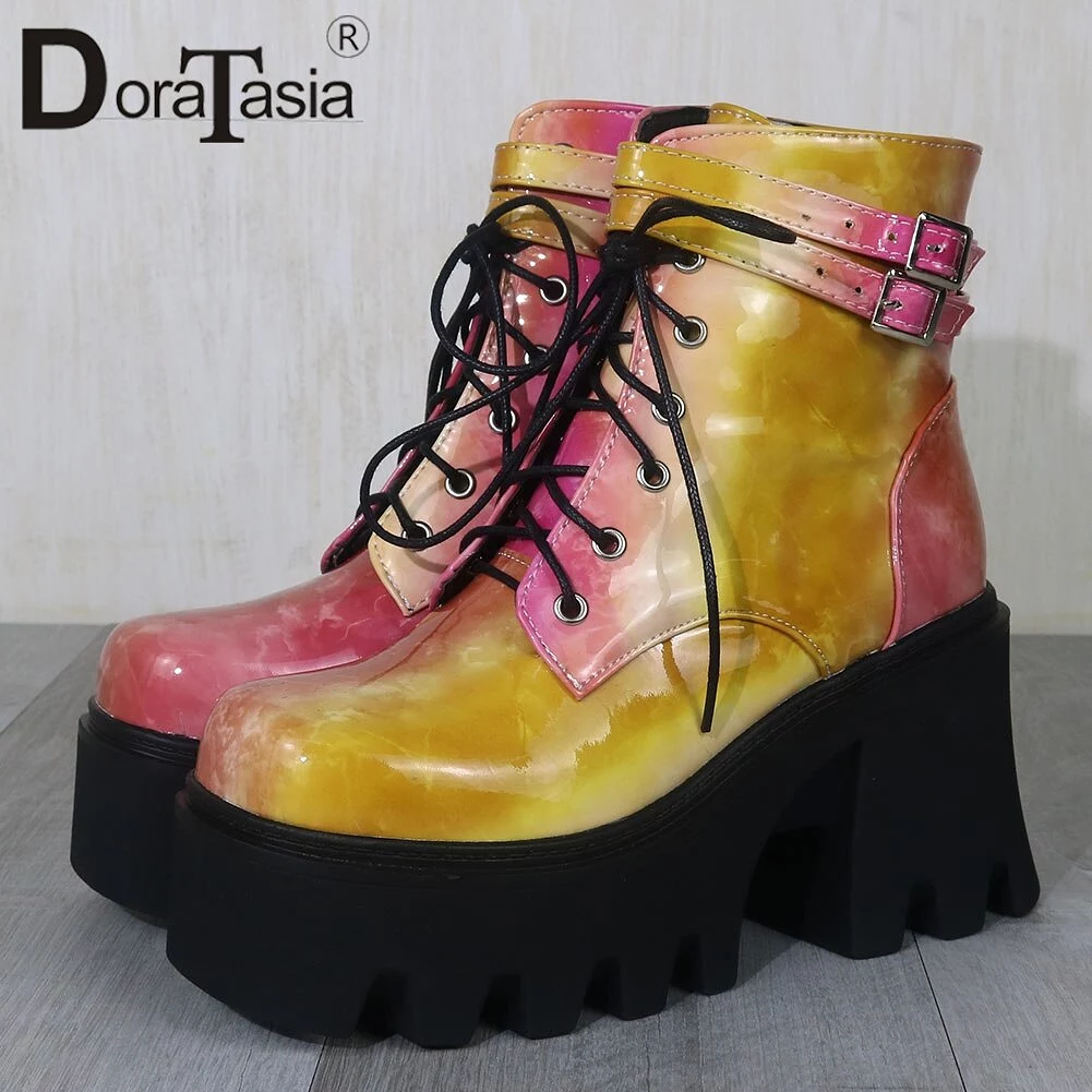 Chunky Heel Ankle Boots | Colorful Zip Platform | Women's Party Street Shoes