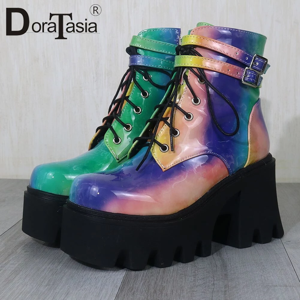 Chunky Heel Ankle Boots | Colorful Zip Platform | Women's Party Street Shoes