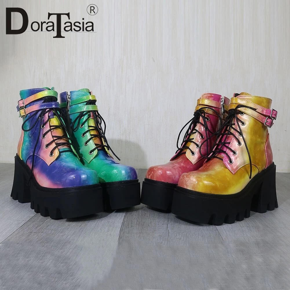 Chunky Heel Ankle Boots | Colorful Zip Platform | Women's Party Street Shoes