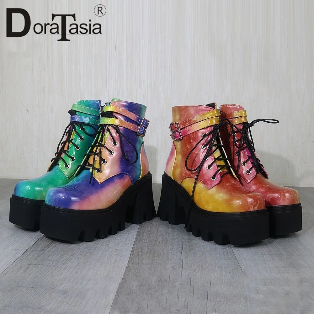 Chunky Heel Ankle Boots | Colorful Zip Platform | Women's Party Street Shoes