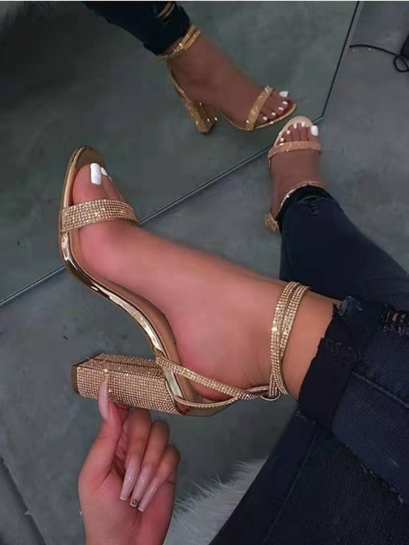 Chunky high-heeled sandals with rhinestone ankle strap