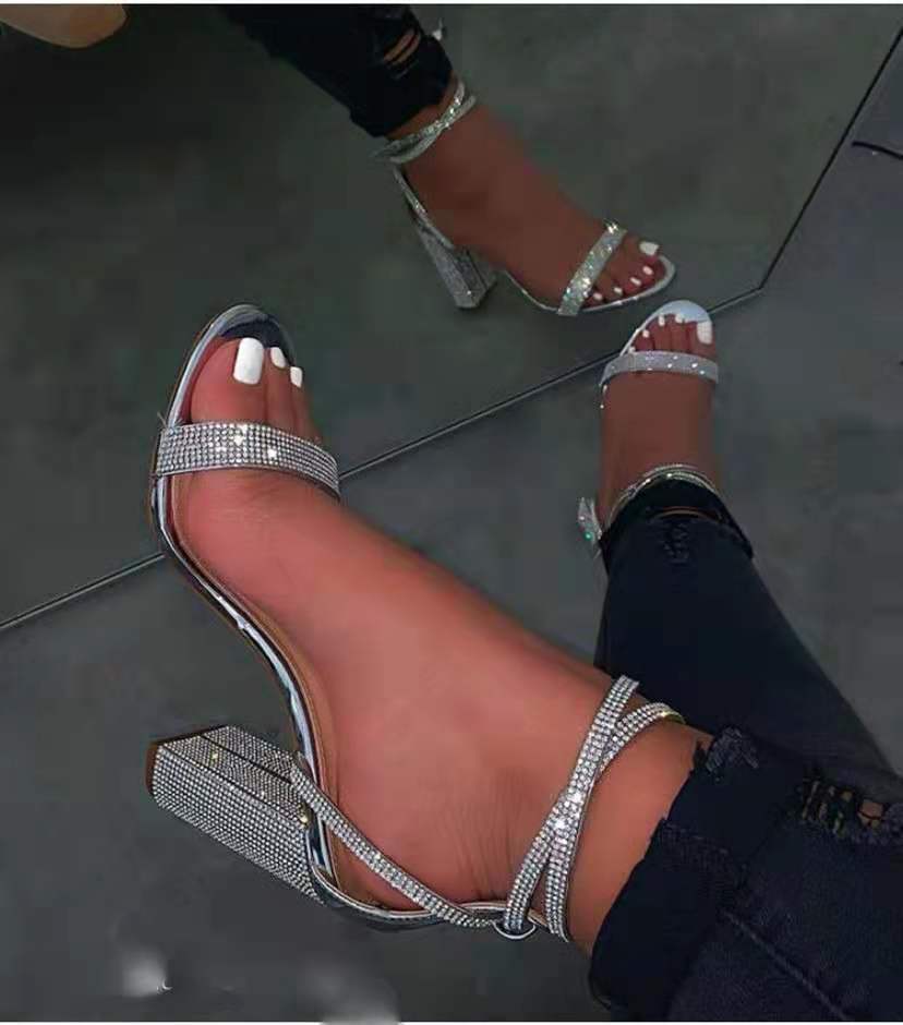 Chunky high-heeled sandals with rhinestone ankle strap