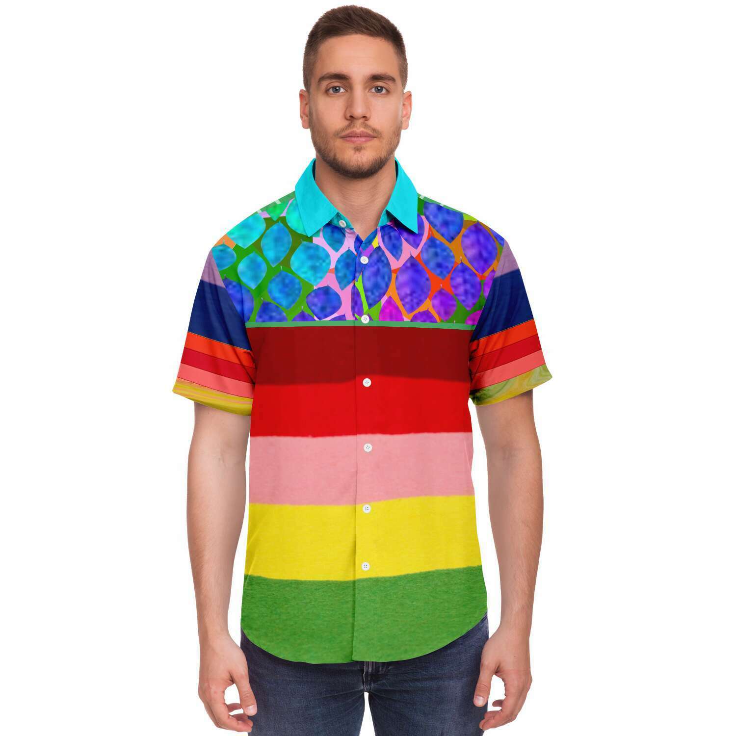 Colorful Short Sleeve Button Up Shirt with Rainbow Design