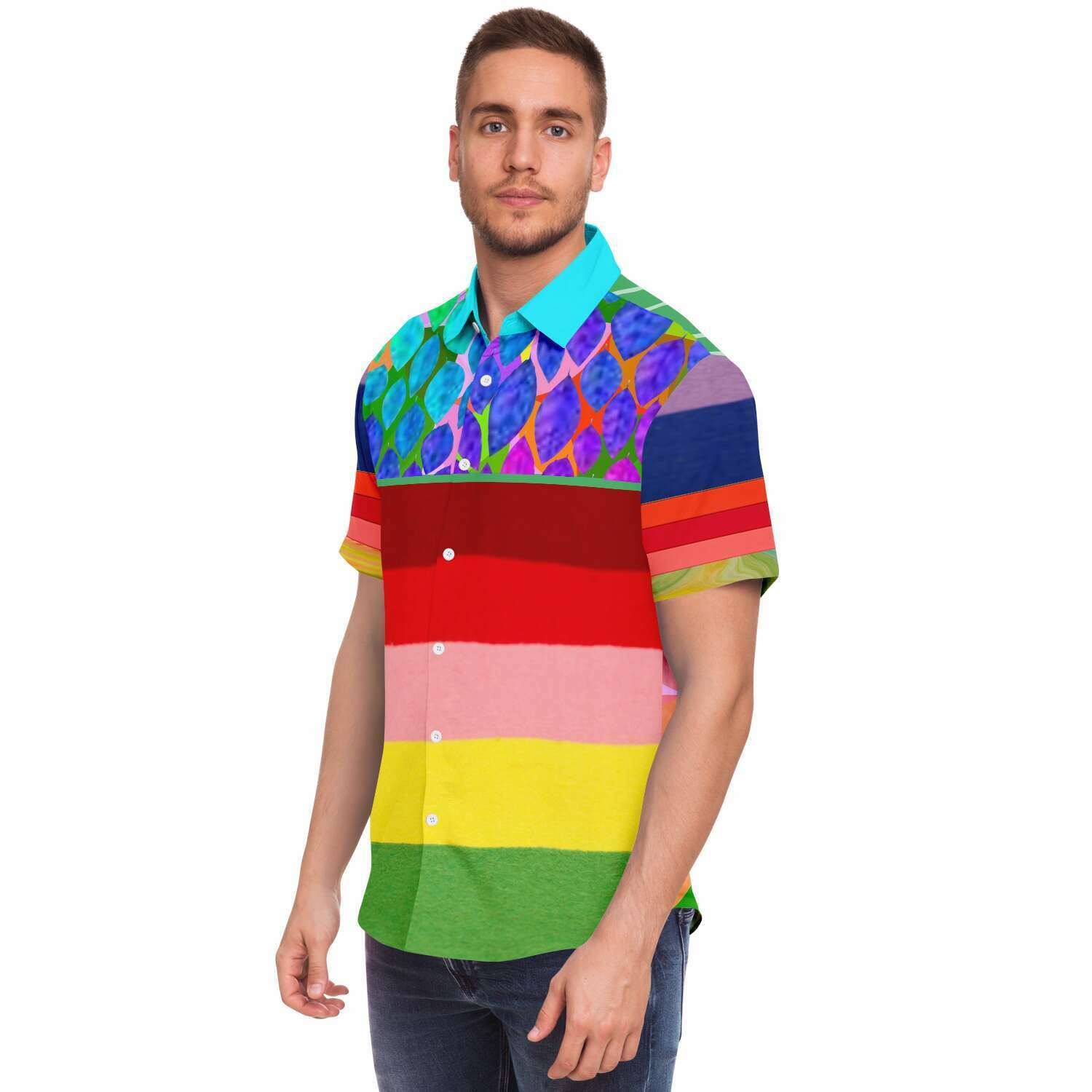 Colorful Short Sleeve Button Up Shirt with Rainbow Design