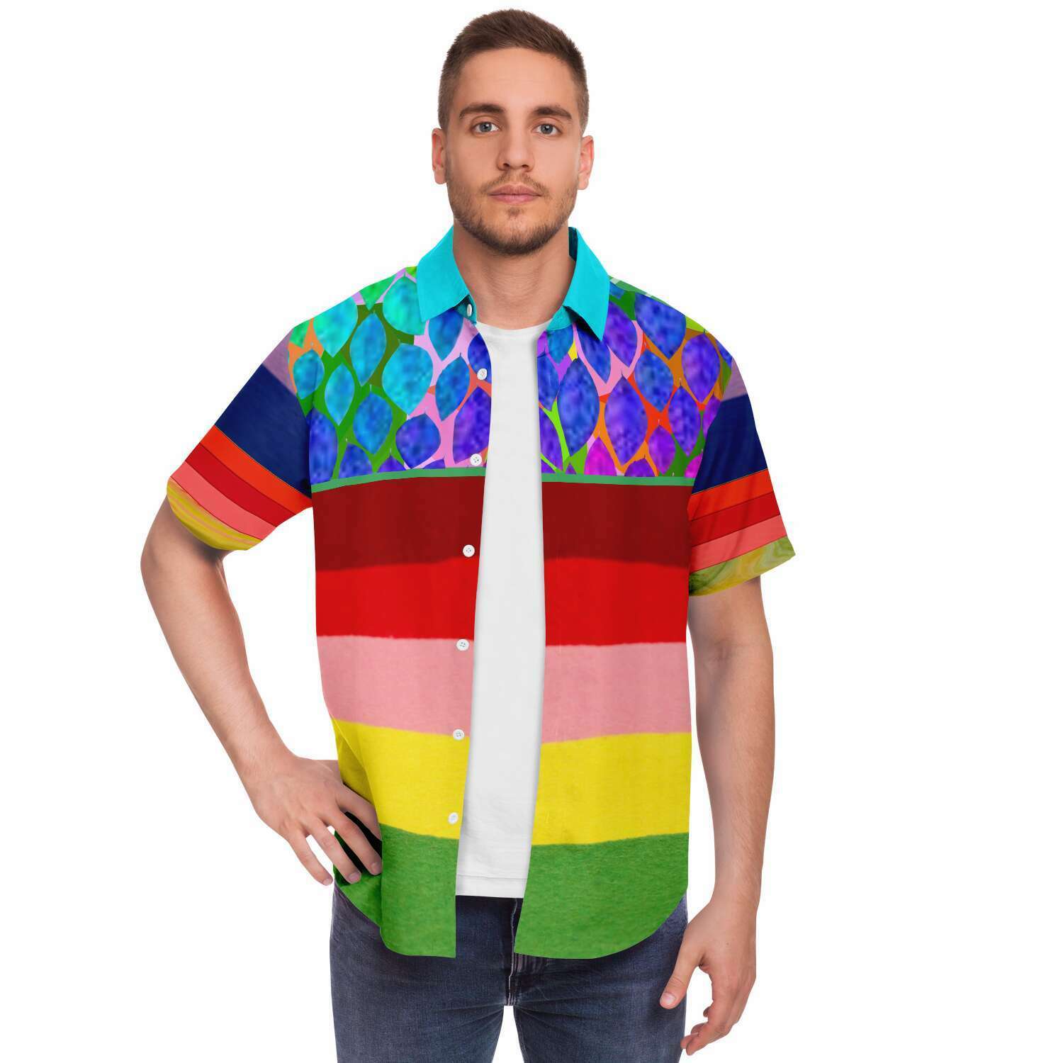 Colorful Short Sleeve Button Up Shirt with Rainbow Design