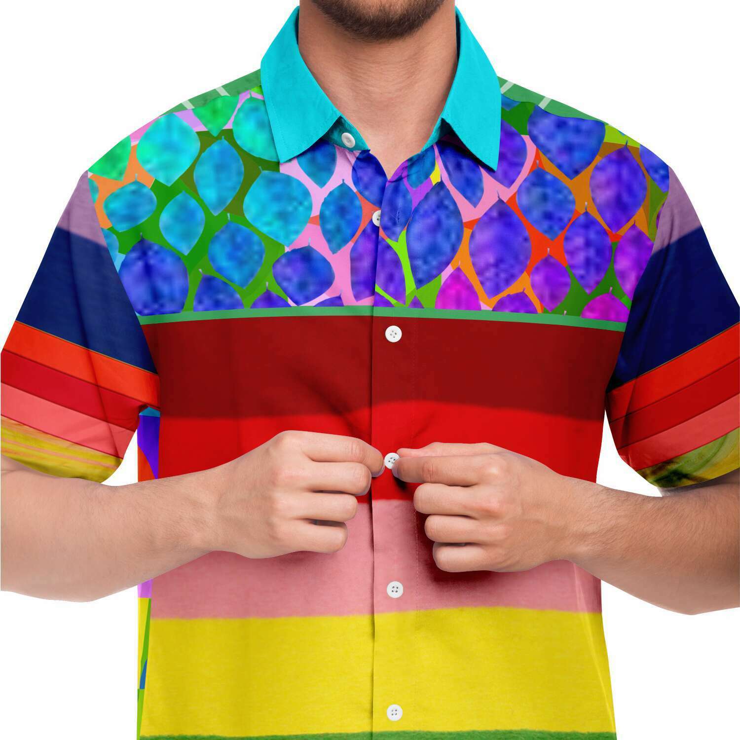 Colorful Short Sleeve Button Up Shirt with Rainbow Design