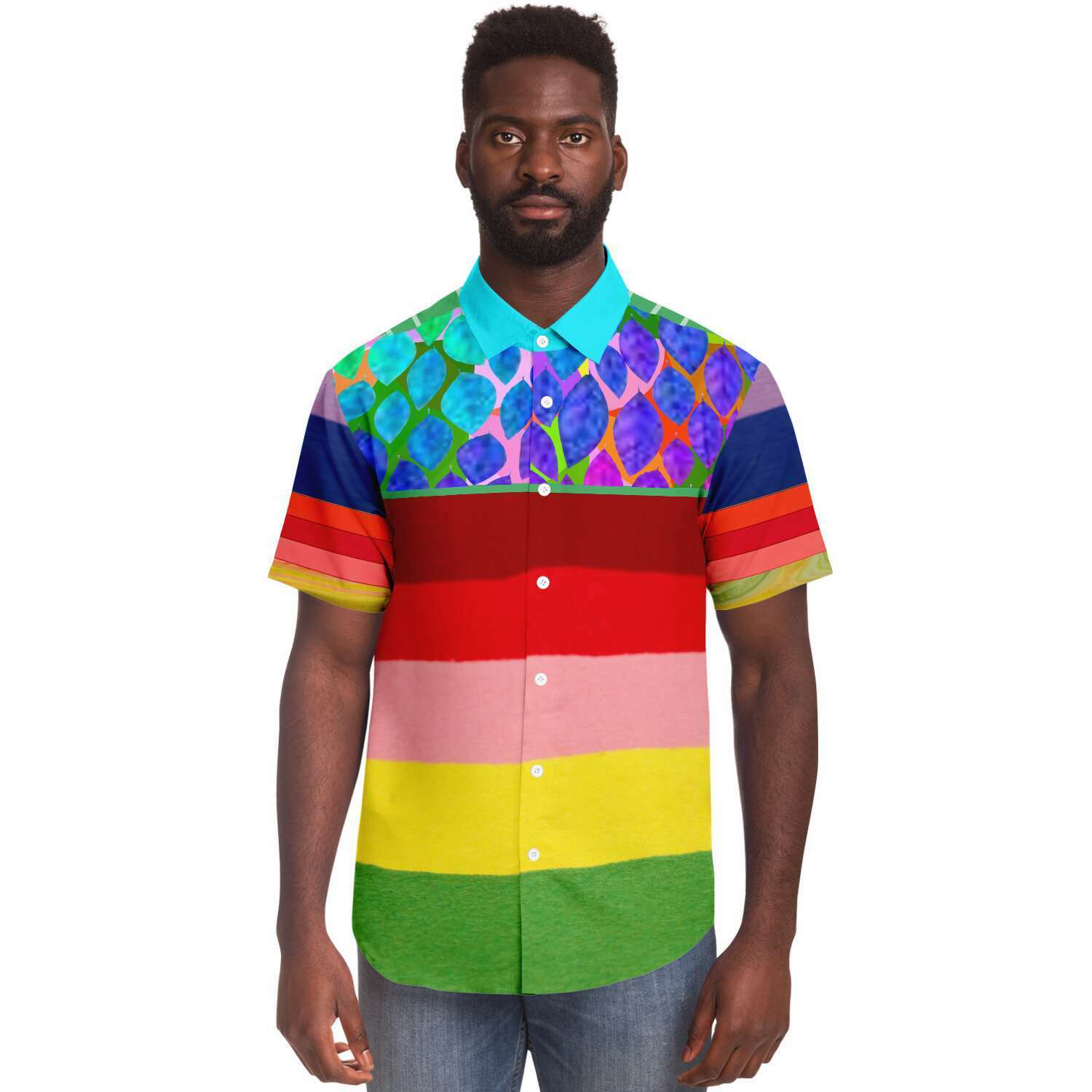 Colorful Short Sleeve Button Up Shirt with Rainbow Design