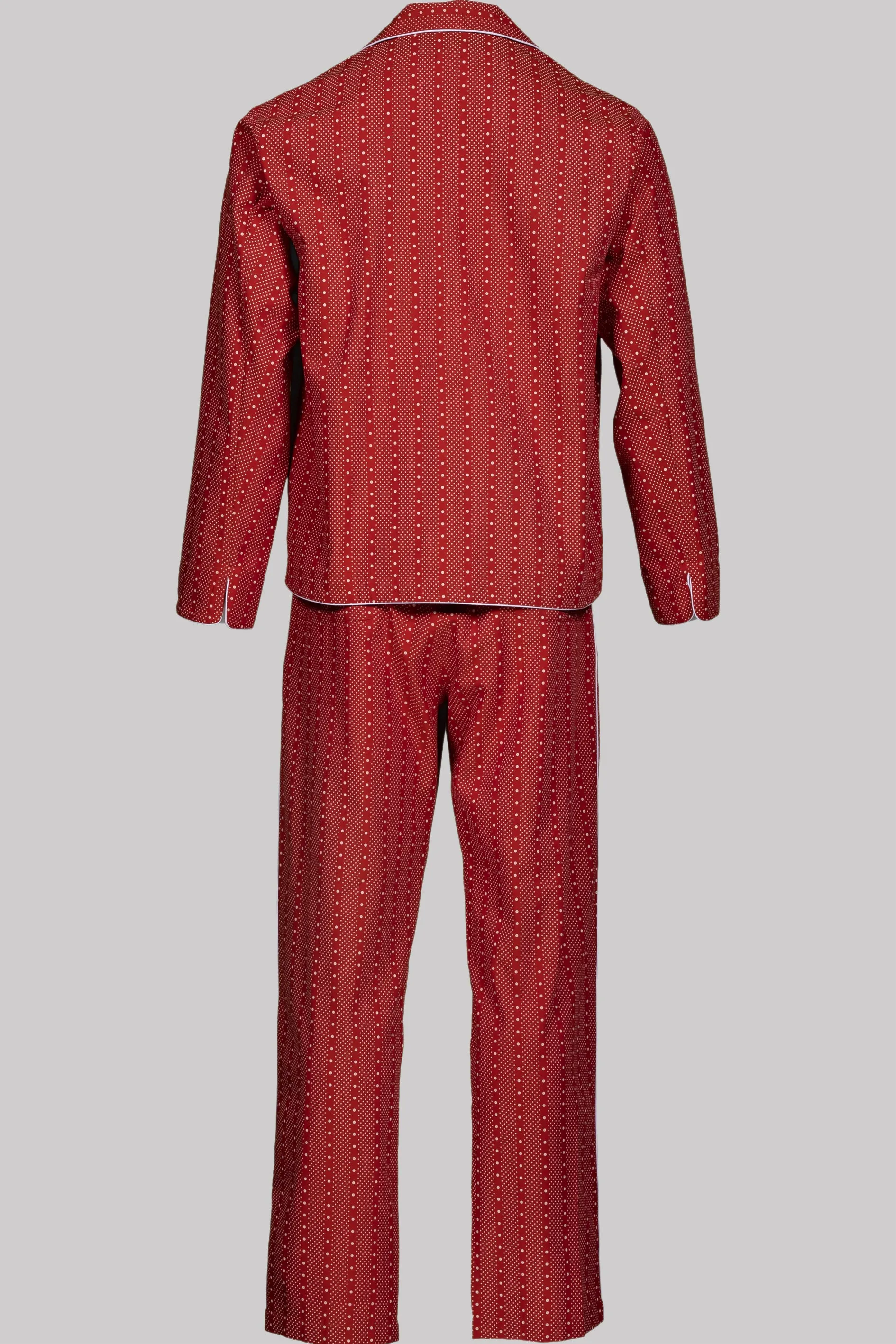 comfy red and white pyjama set with 100% cotton fabric, herringbone-light dot-stripe pattern, and discharge print detail.