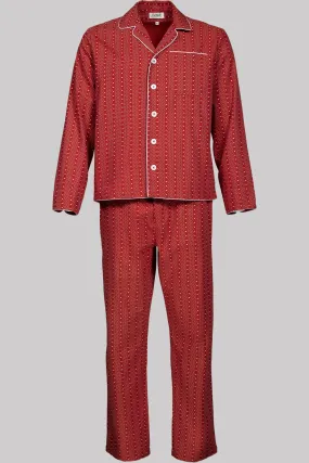 comfy red and white pyjama set with 100% cotton fabric, herringbone-light dot-stripe pattern, and discharge print detail.