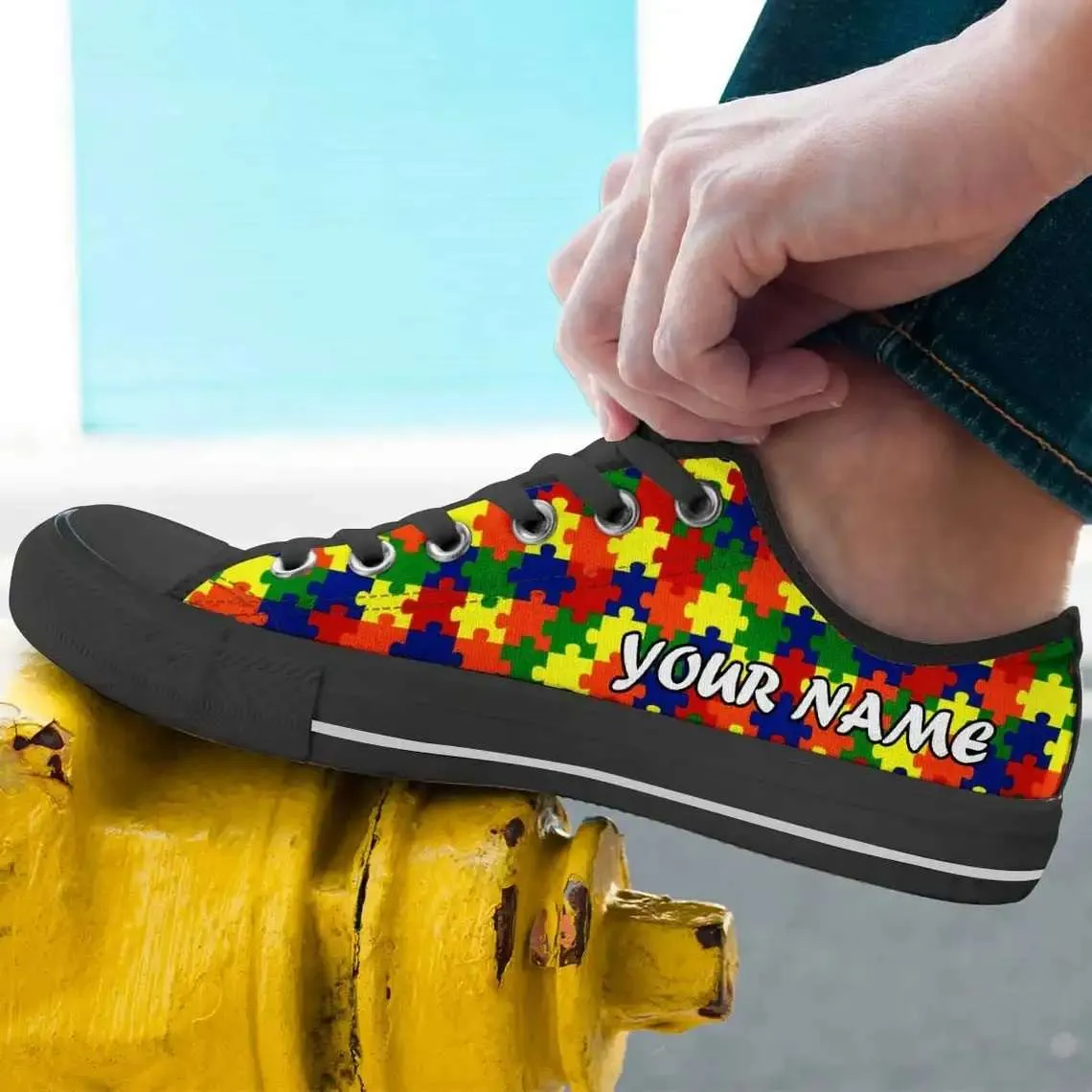 Custom Name Autism Awareness Day Puzzle Pieces Converse Sneakers Low Top Shoes