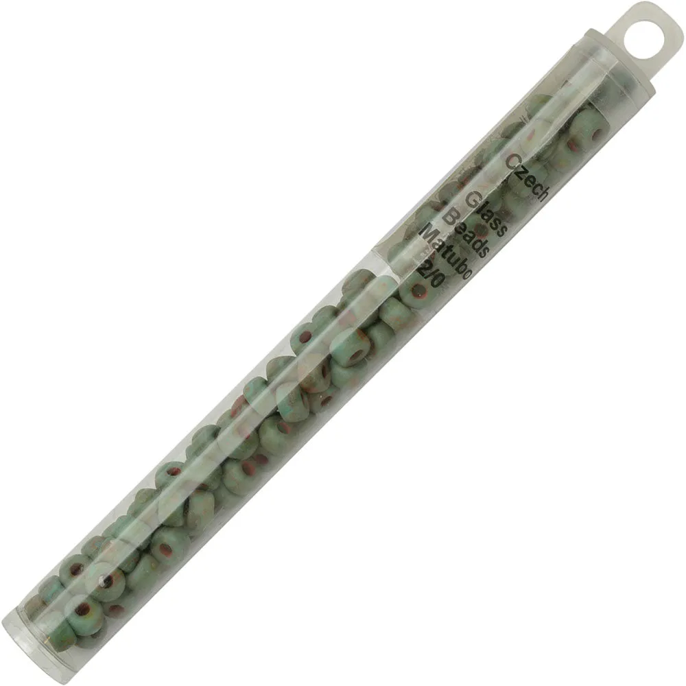 Czech Glass Matubo, 2/0 Seed Bead, Turquoise Green Matte Dark Travertine (20 Gram Tube)