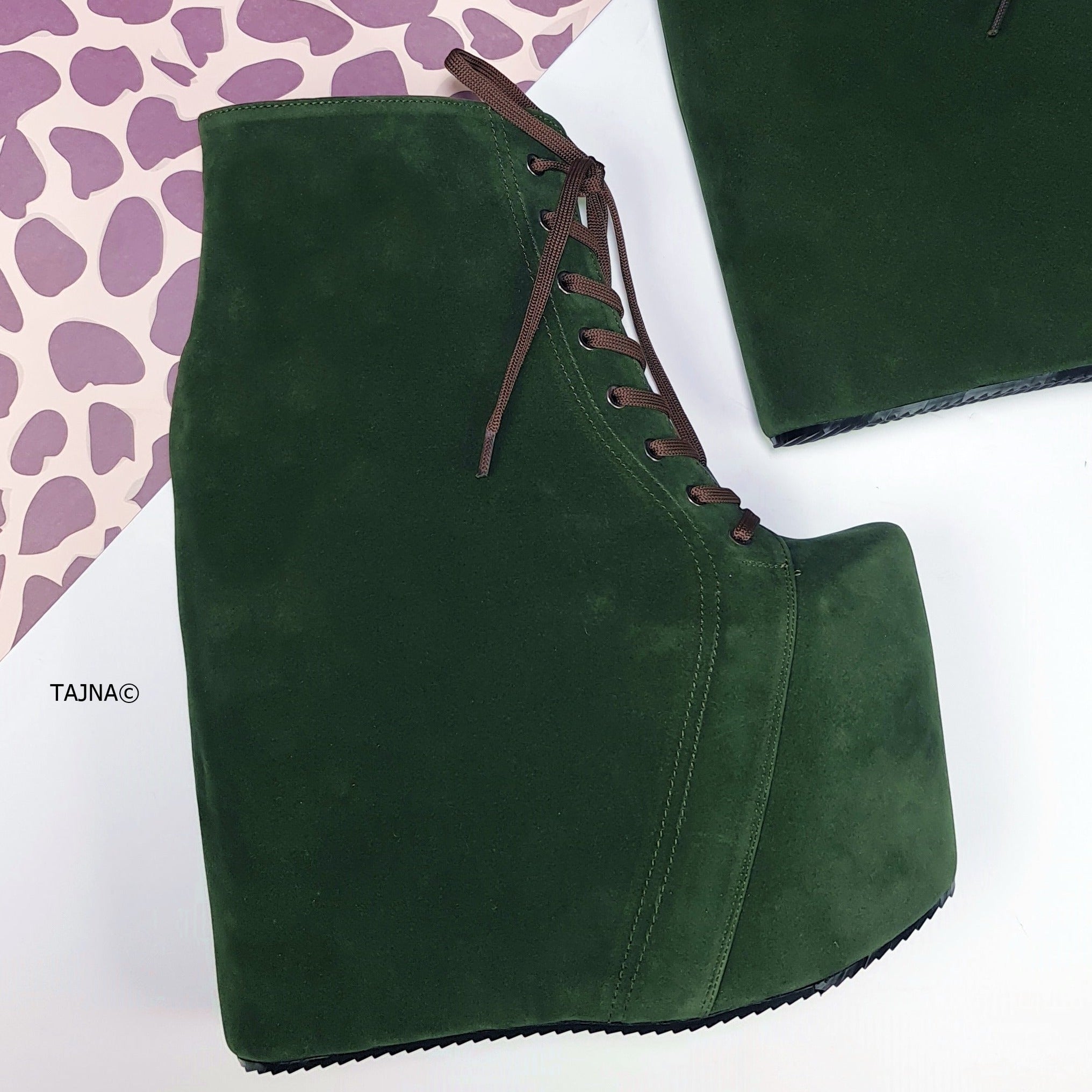 Dark Green Suede Platform Wedge Boots