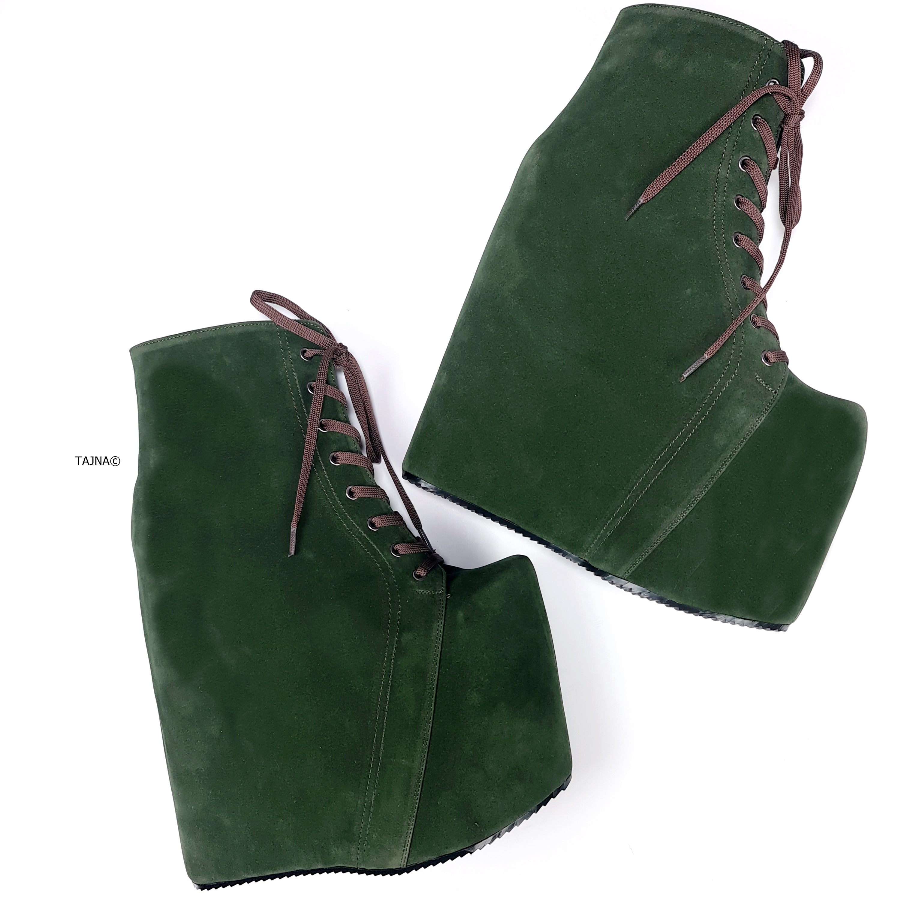 Dark Green Suede Platform Wedge Boots