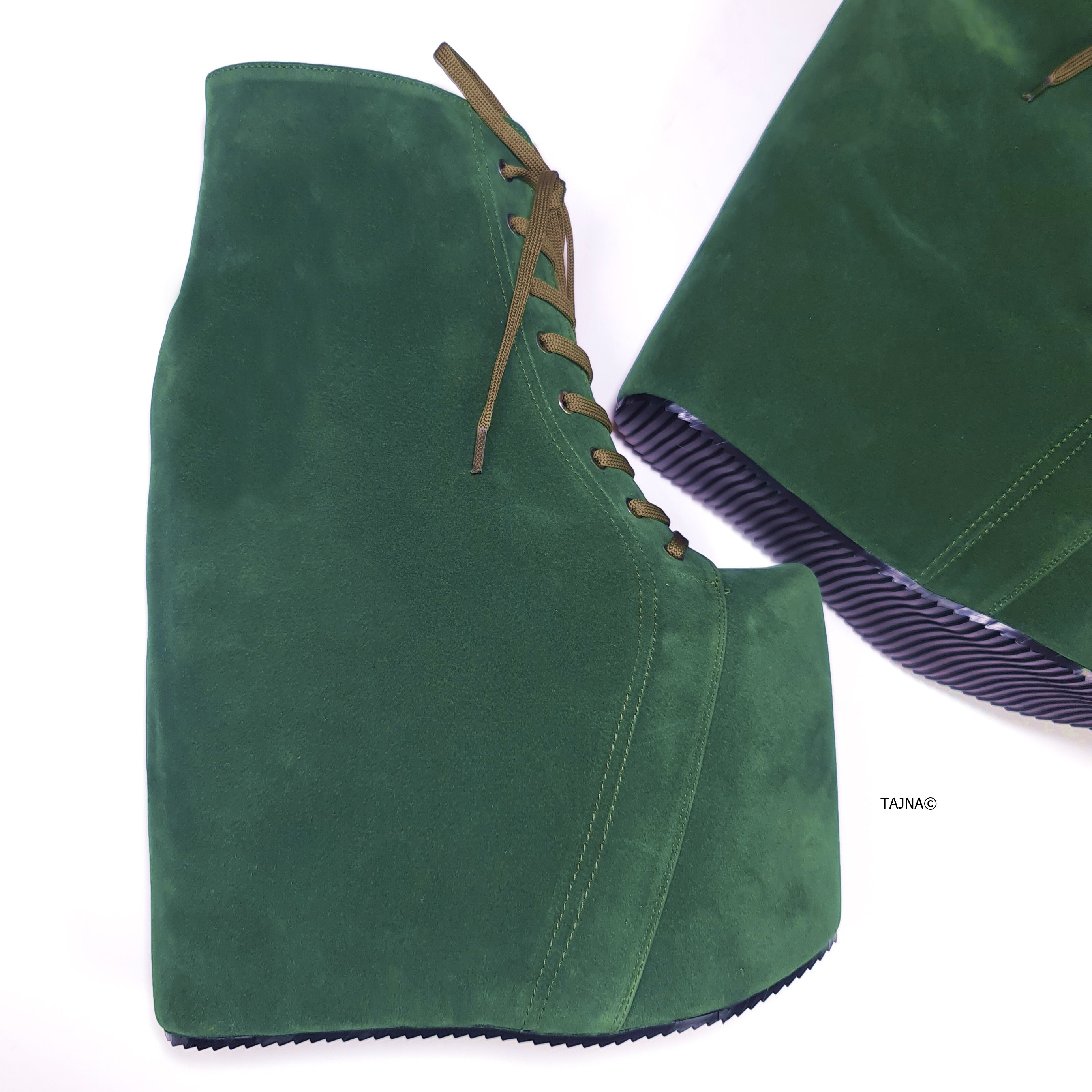 Dark Green Suede Platform Wedge Boots