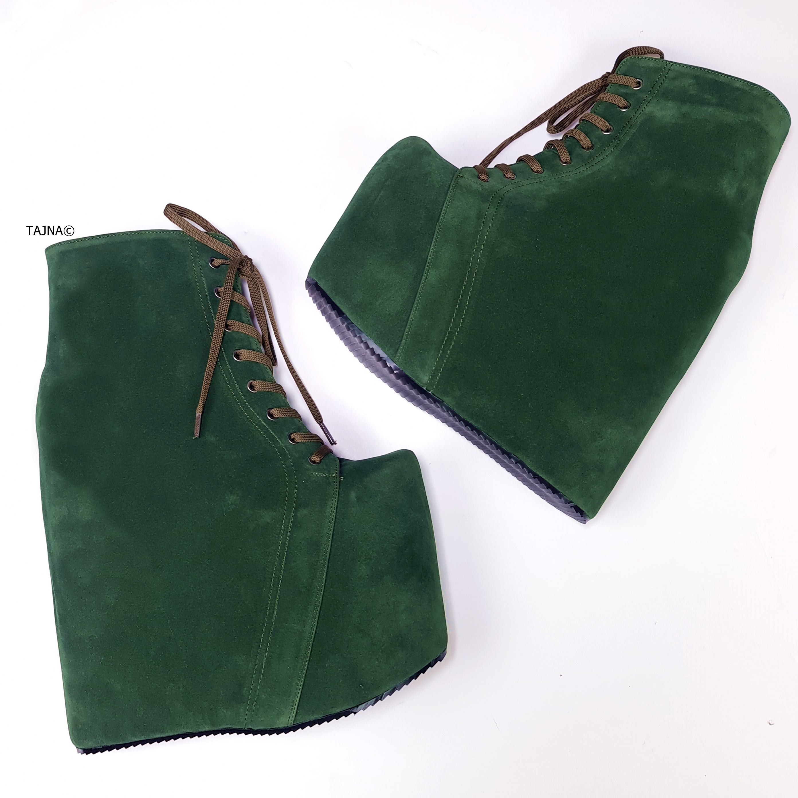 Dark Green Suede Platform Wedge Boots