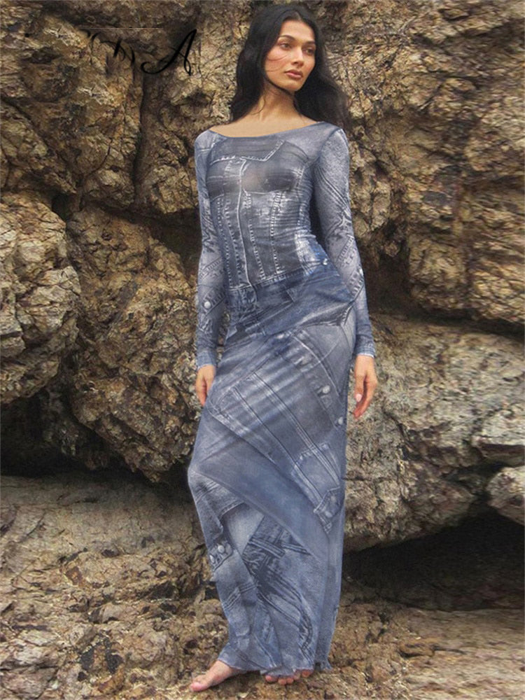 Denim Print Mesh Maxi Long Sleeve Bodycon Dresses