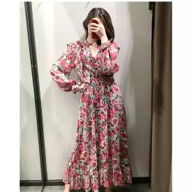 Elastic Waist Long Sleeve Flower Dress