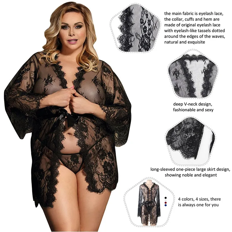 Eyelash Lace Babydoll Pajama Set with Long Sleeves for Women