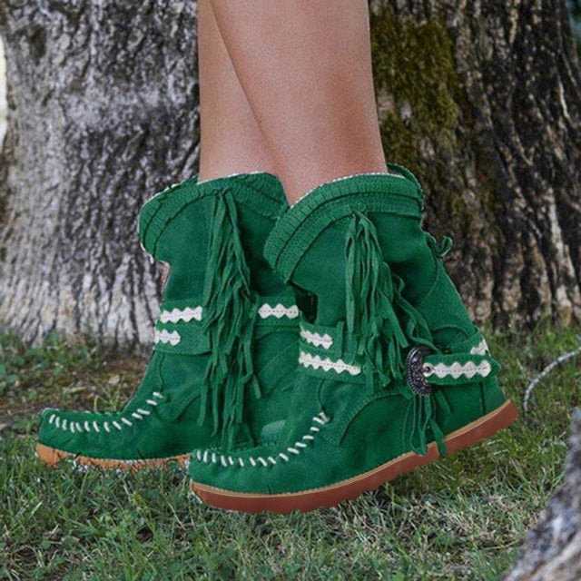 Fashion Women's Retro Boots Shoes - Flats Platform Tassel Cowboy Boots