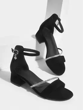 Fashionable black ankle strap chunky heel sandals for spring and summer