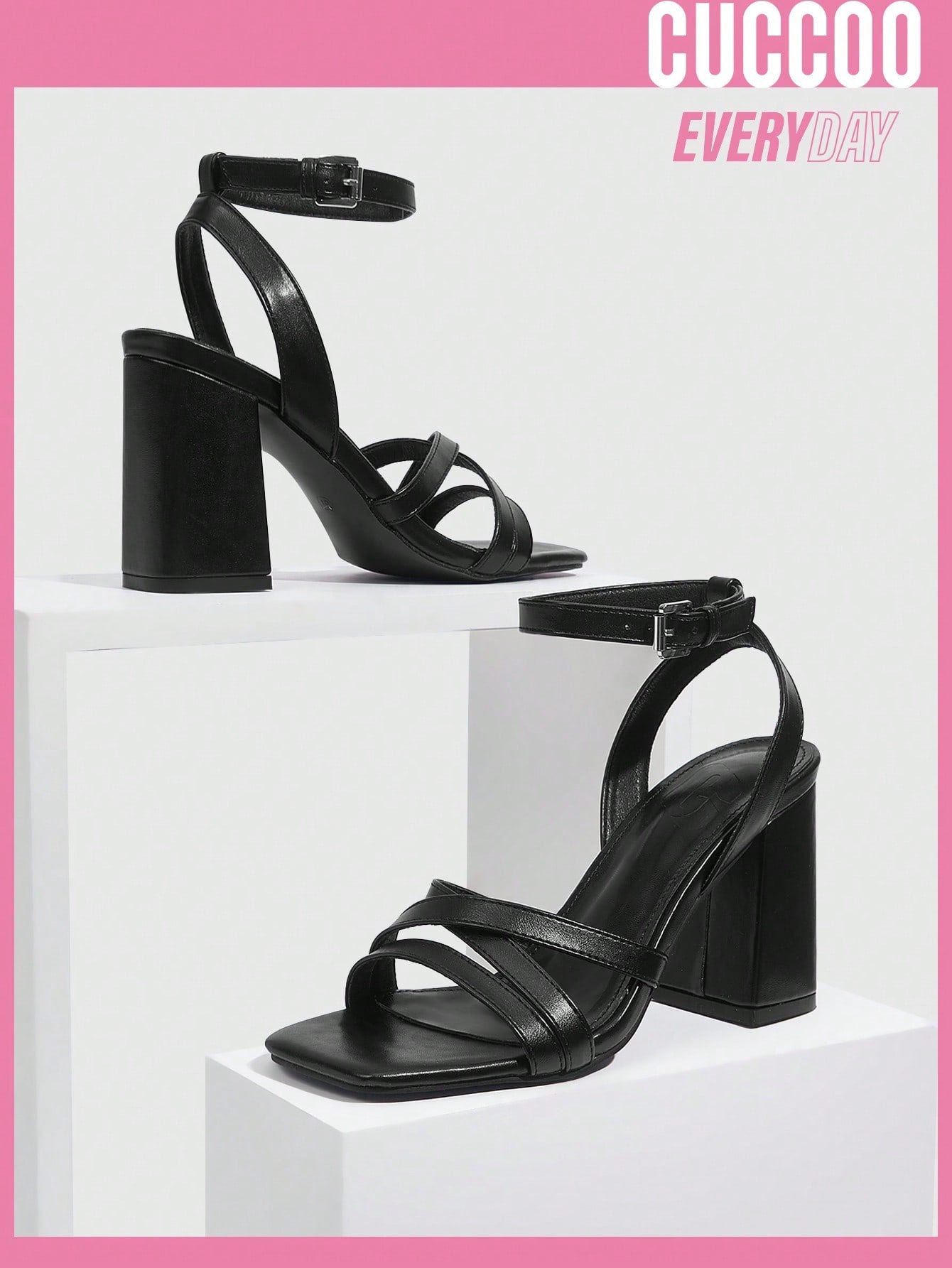 Fashionable black ankle strap high heel sandals for spring and summer.