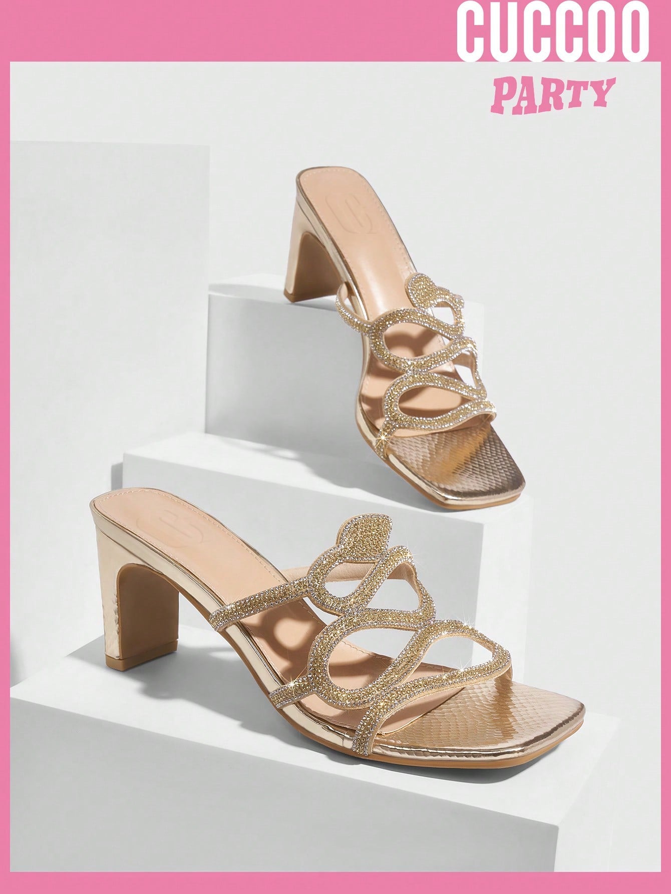 Fashionable open toe square heel sandals with snake shaped diamante strap for spring and summer prom shoes.