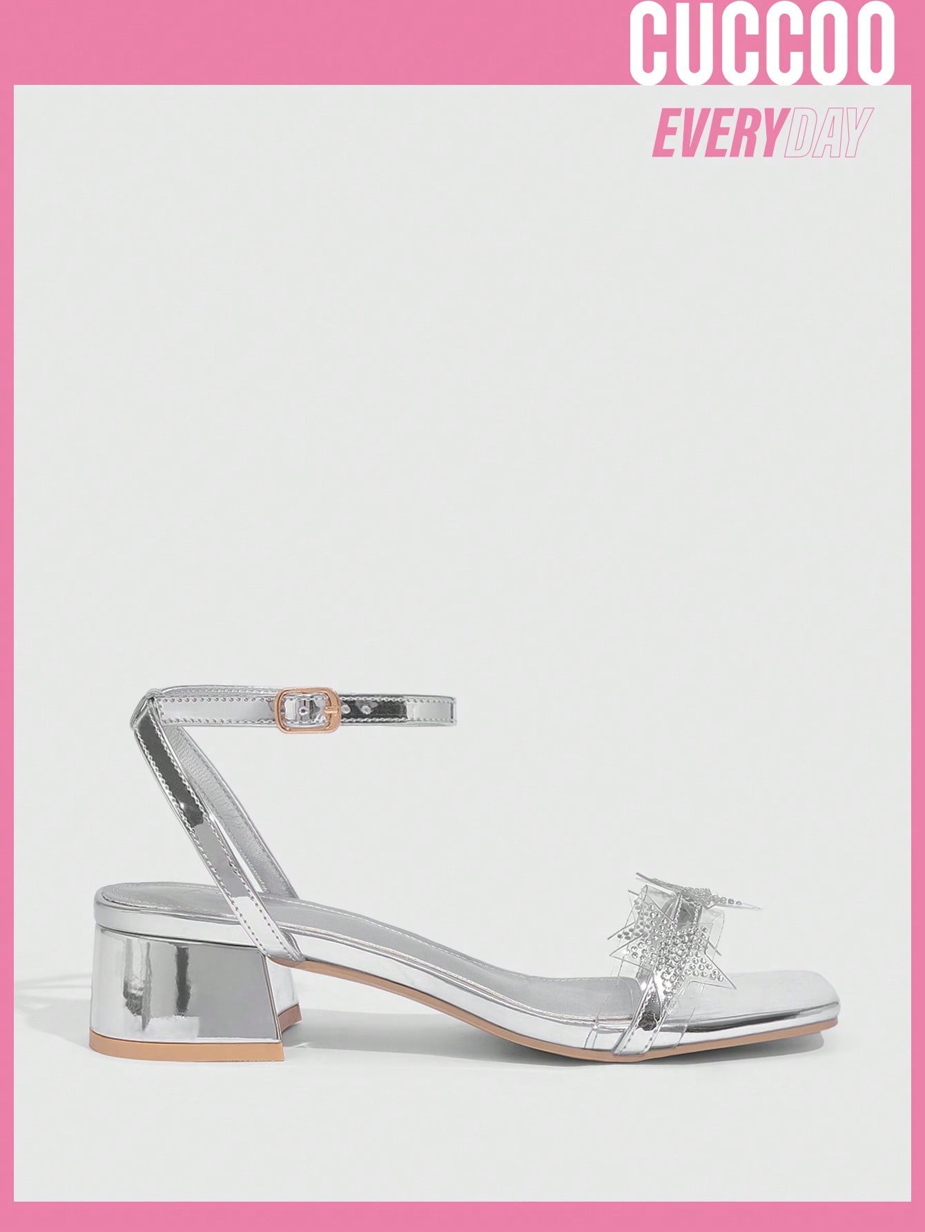 Fashionable silver TPU ankle-strap sandals with rhinestone star design, low heel for spring and summer - Google SEO-friendly res