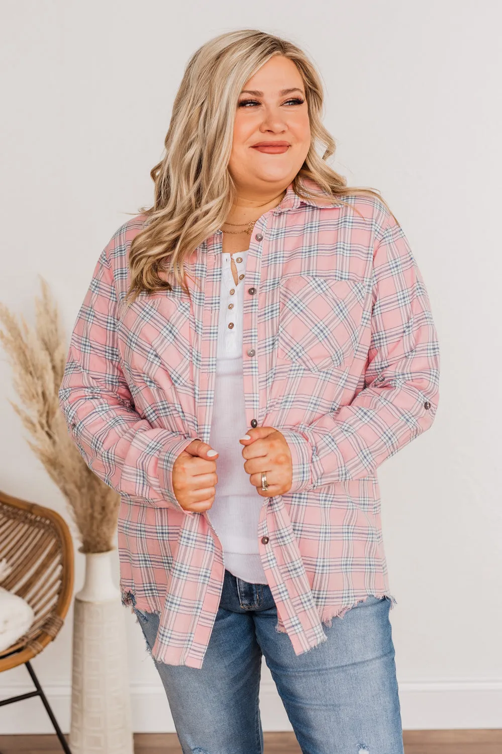 Frayed Button Plaid Top in Pink - Always Trendy