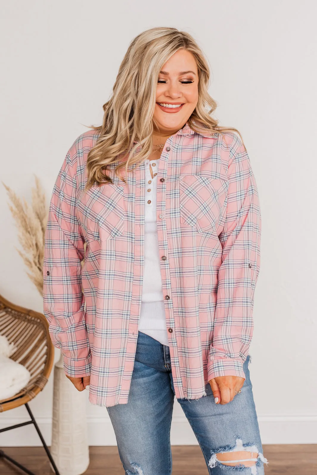 Frayed Button Plaid Top in Pink - Always Trendy