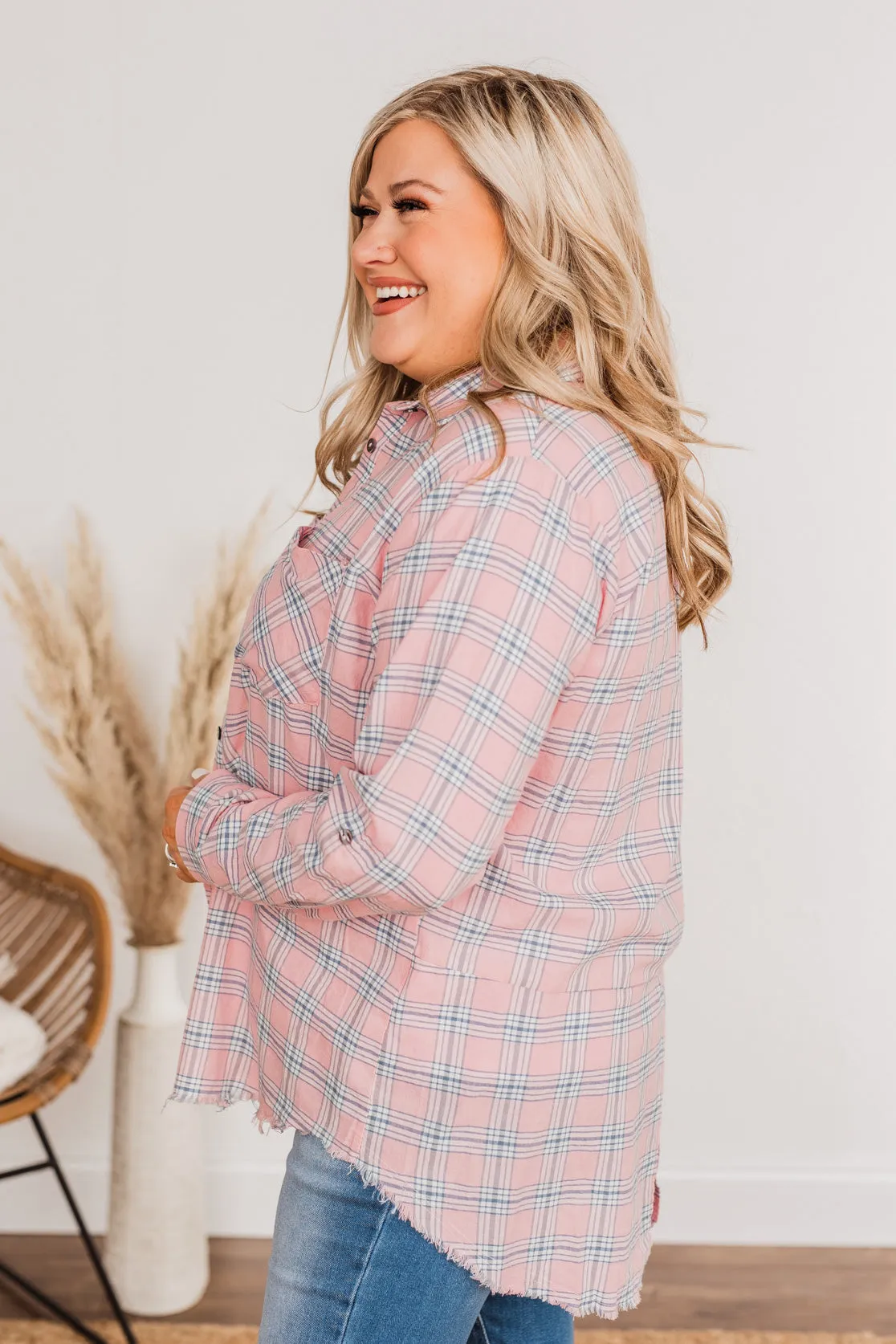 Frayed Button Plaid Top in Pink - Always Trendy