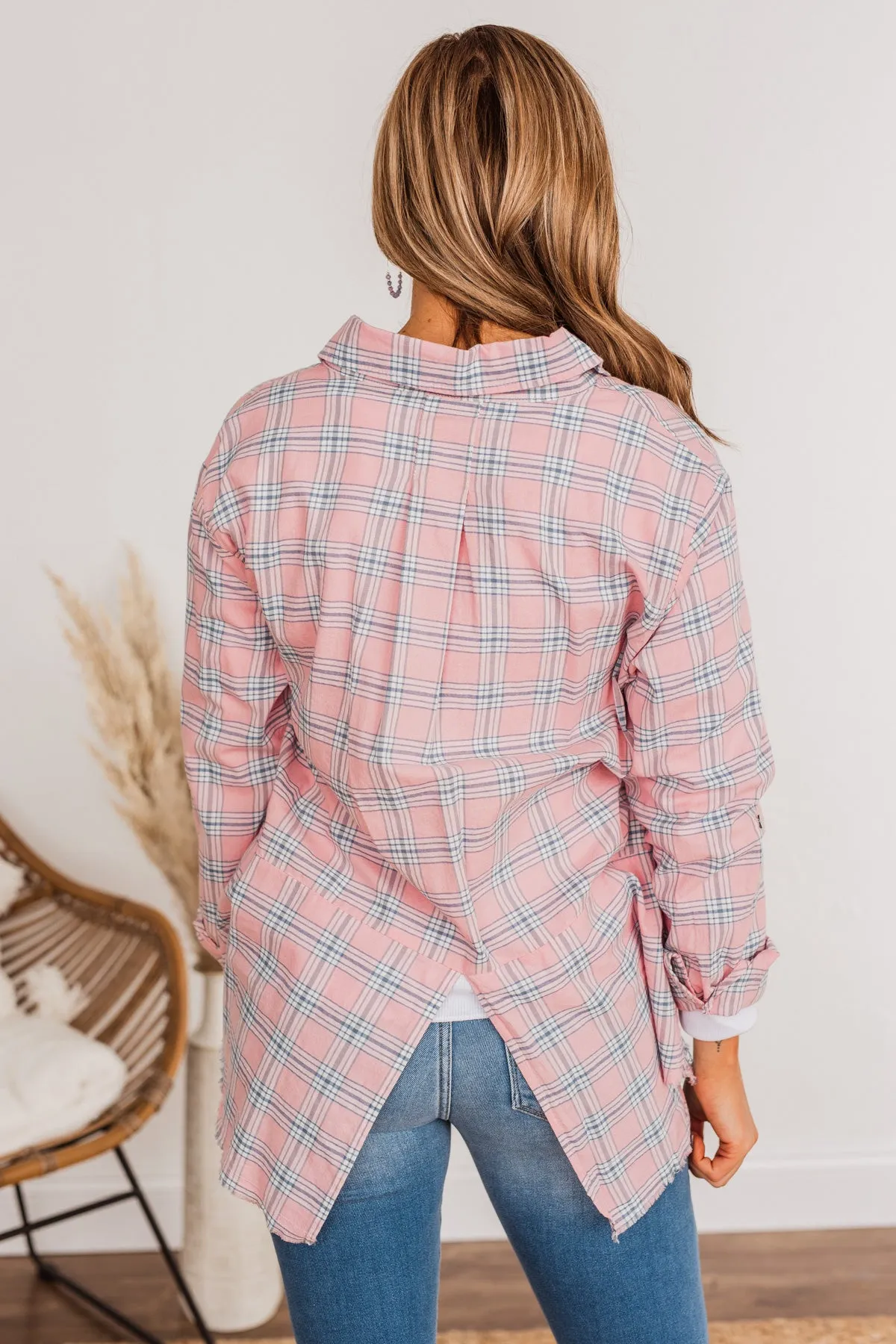 Frayed Button Plaid Top in Pink - Always Trendy