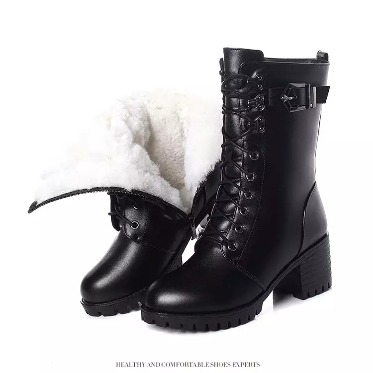 Genuine Leather High-heeled Plus Size Motorcycle Boots Women Wool Warm Winter Boots Women