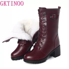 Genuine Leather High-heeled Plus Size Motorcycle Boots Women Wool Warm Winter Boots Women