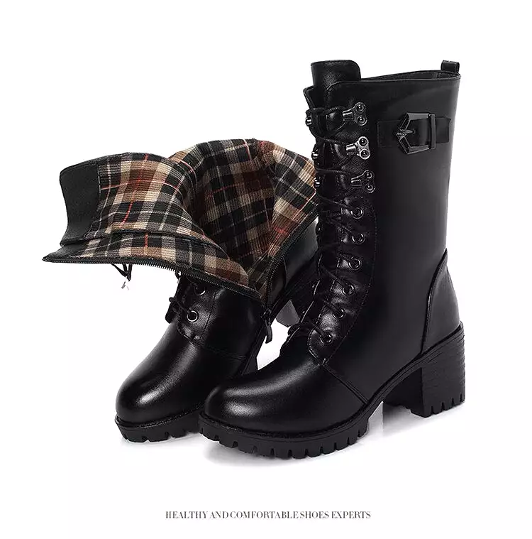 Genuine Leather High-heeled Plus Size Motorcycle Boots Women Wool Warm Winter Boots Women