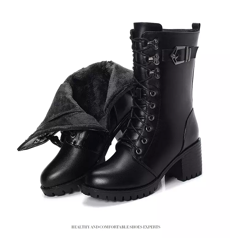 Genuine Leather High-heeled Plus Size Motorcycle Boots Women Wool Warm Winter Boots Women