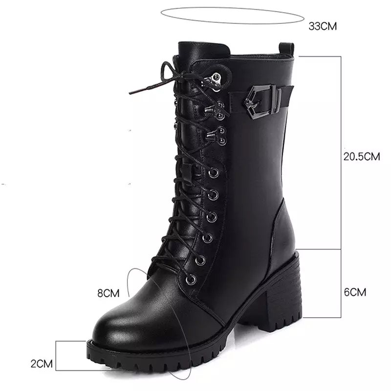 Genuine Leather High-heeled Plus Size Motorcycle Boots Women Wool Warm Winter Boots Women