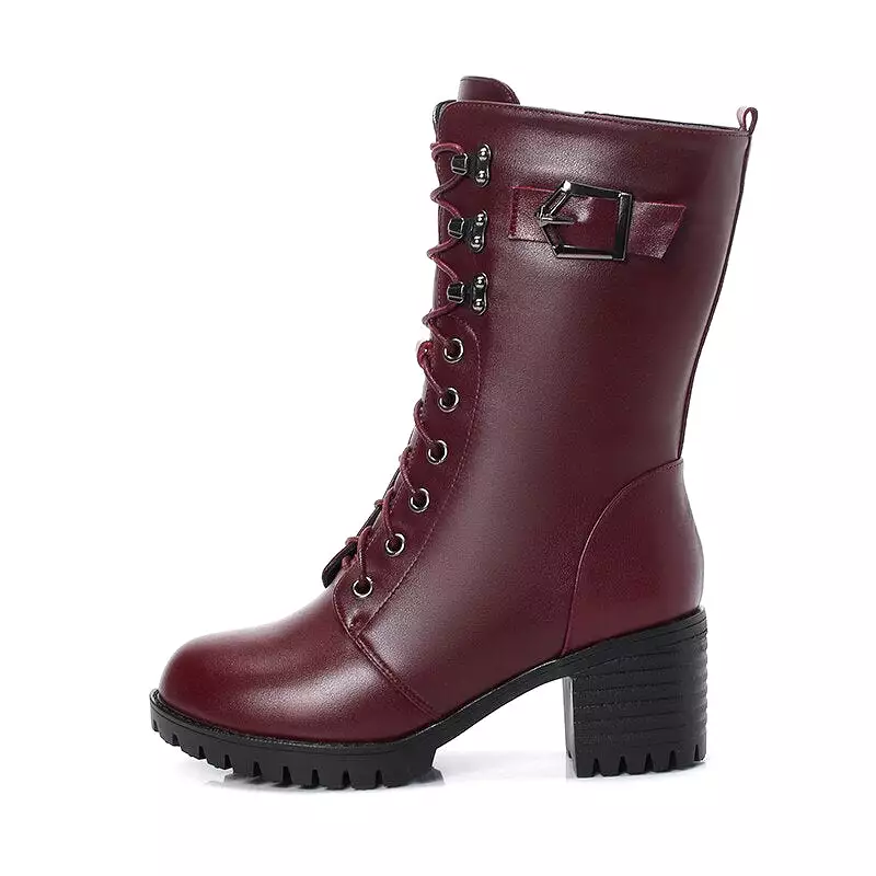 Genuine Leather High-heeled Plus Size Motorcycle Boots Women Wool Warm Winter Boots Women