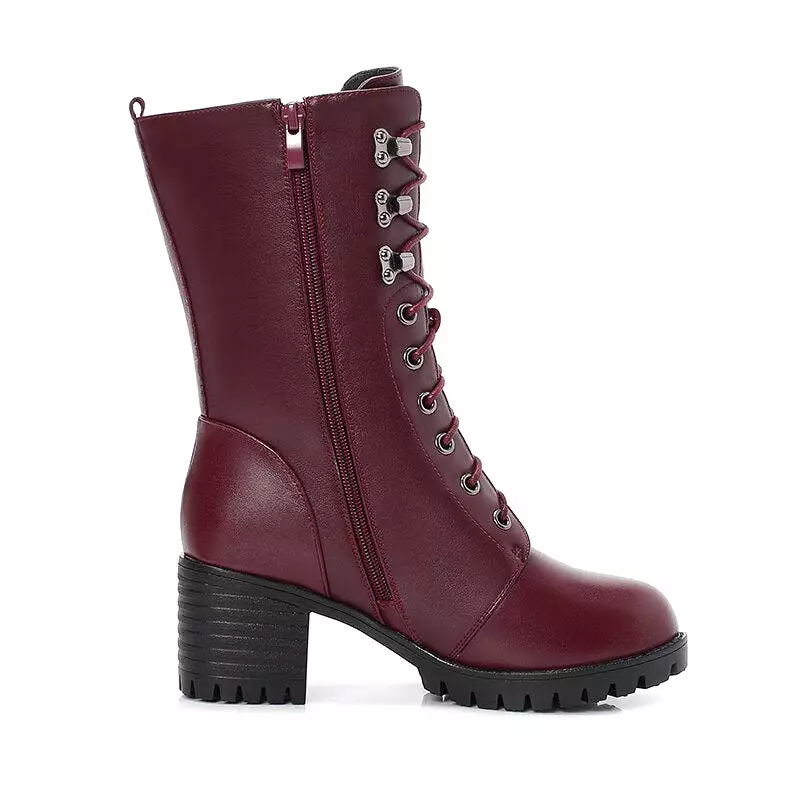 Genuine Leather High-heeled Plus Size Motorcycle Boots Women Wool Warm Winter Boots Women