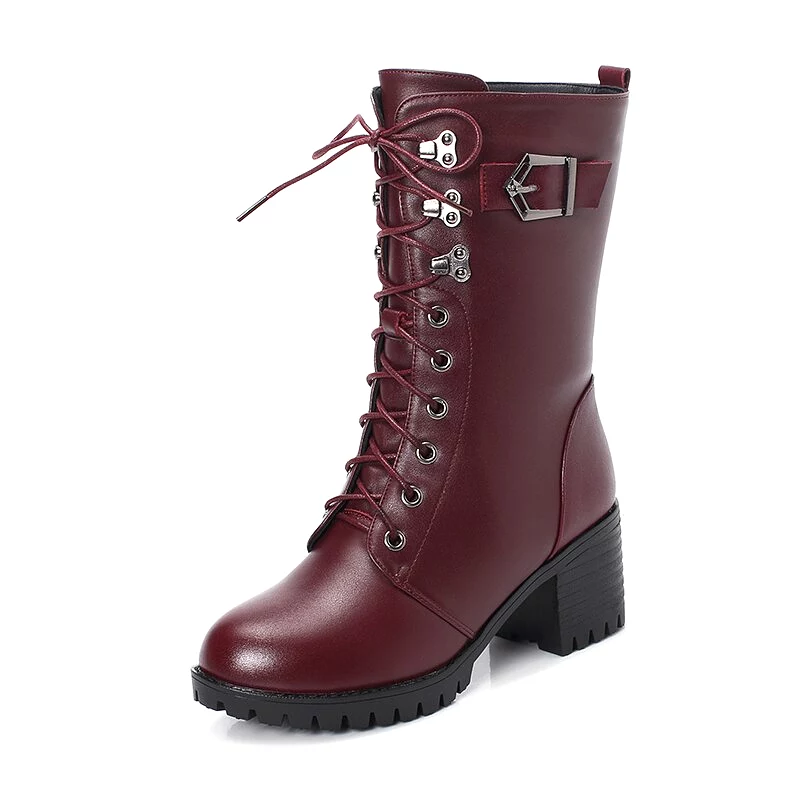 Genuine Leather High-heeled Plus Size Motorcycle Boots Women Wool Warm Winter Boots Women