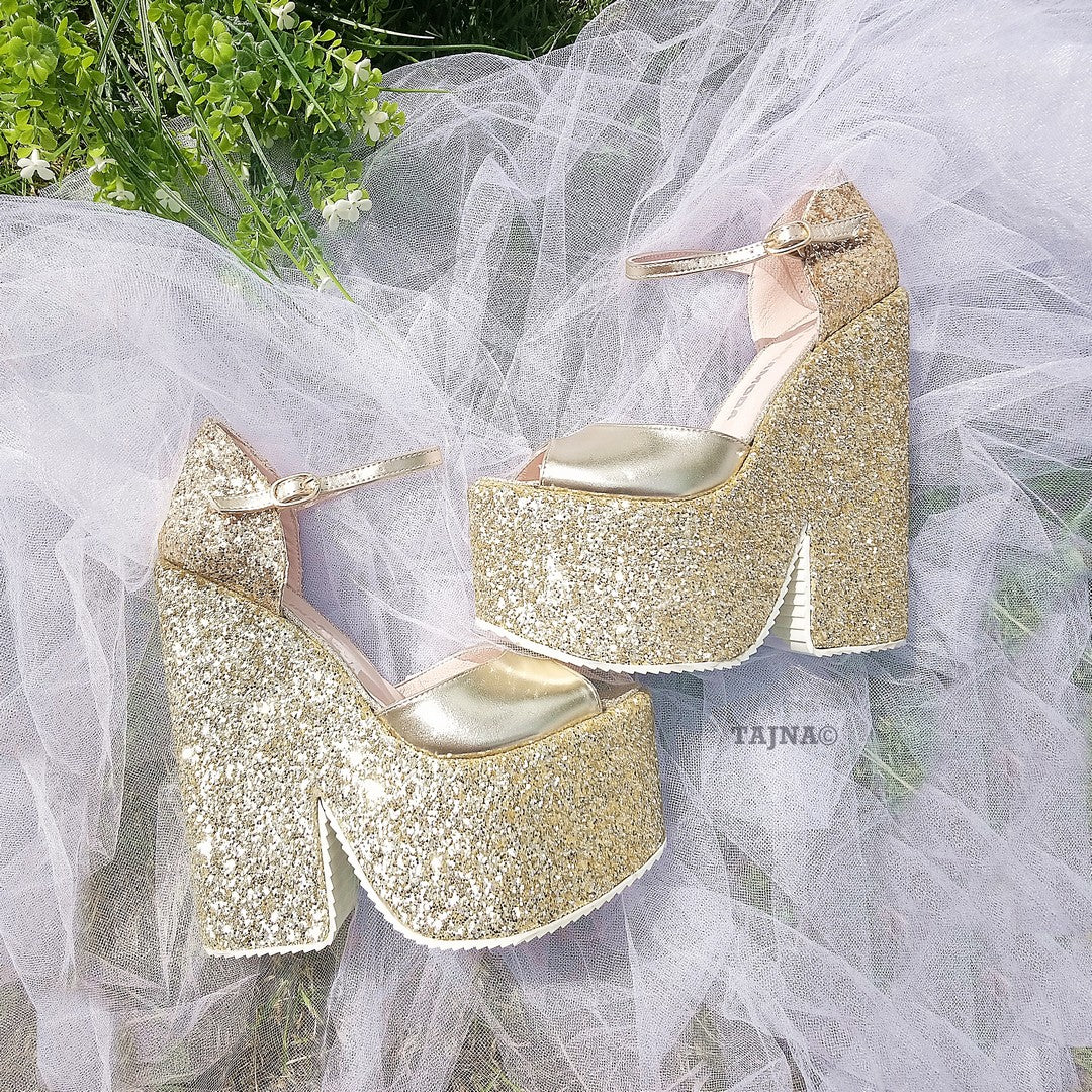 Gold Shimmer Wedge Sandals with Ankle Strap