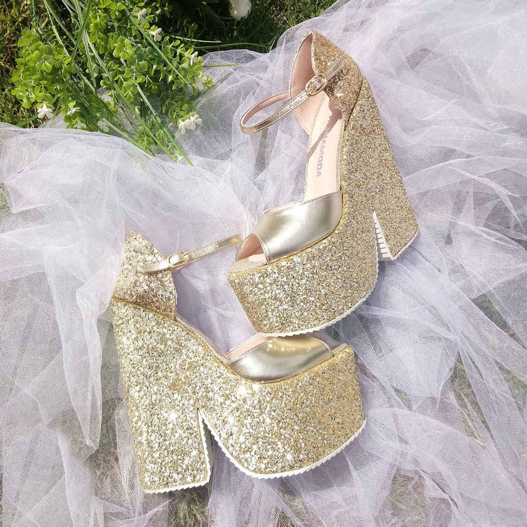 Gold Shimmer Wedge Sandals with Ankle Strap