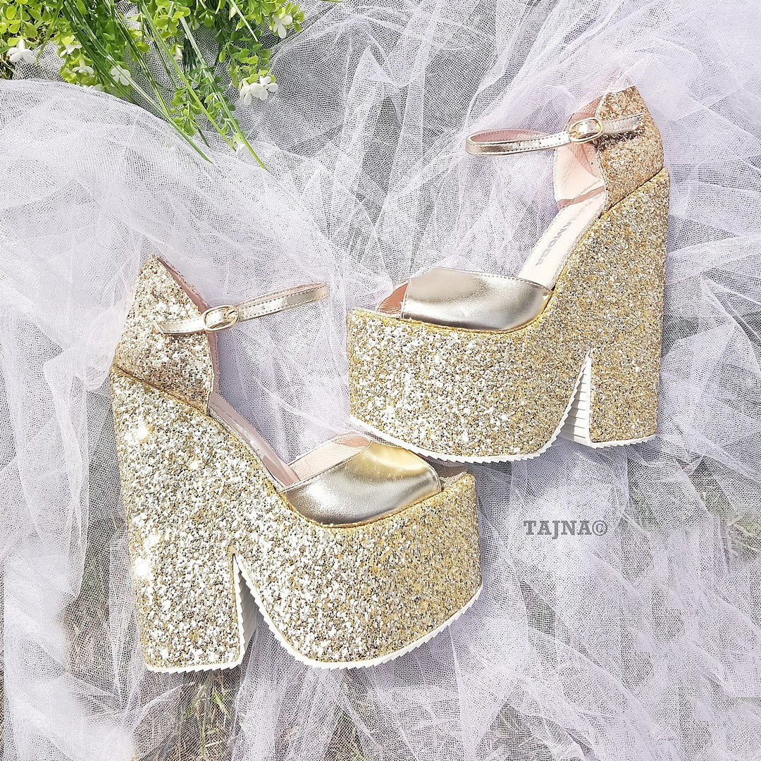 Gold Shimmer Wedge Sandals with Ankle Strap