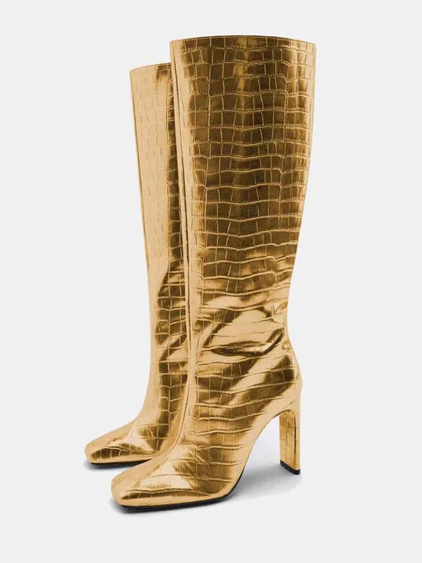 Gold Knee-High Stiletto Boots with Square Toe for Women - Wide Calf