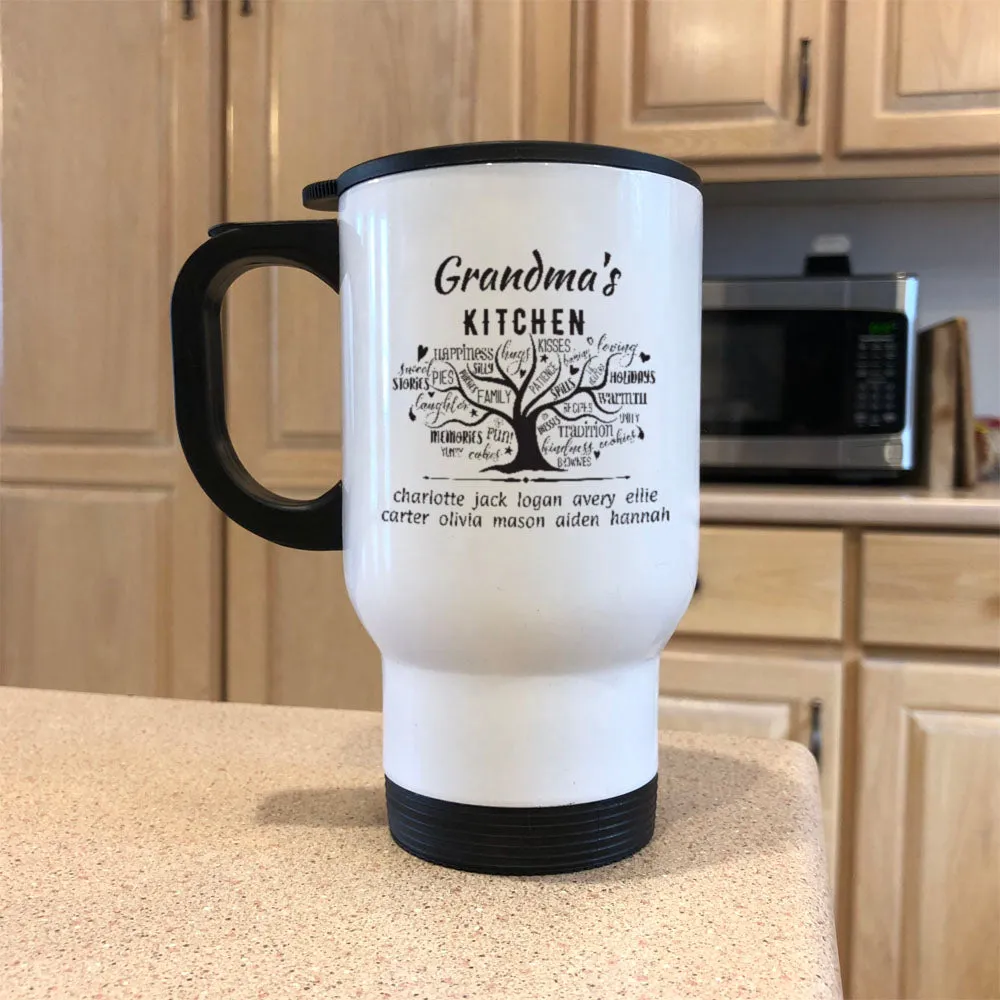 Grandma's Kitchen White Metal Coffee Tea Travel Mug.