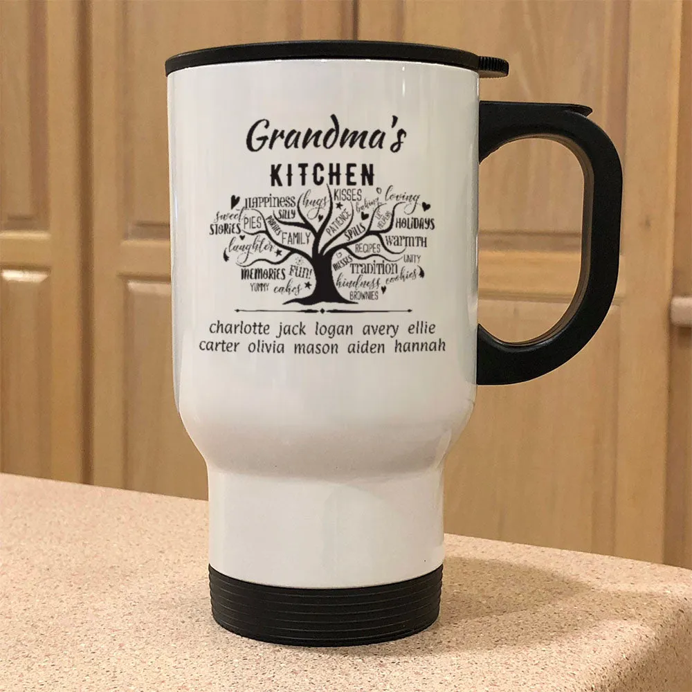 Grandma's Kitchen White Metal Coffee Tea Travel Mug.